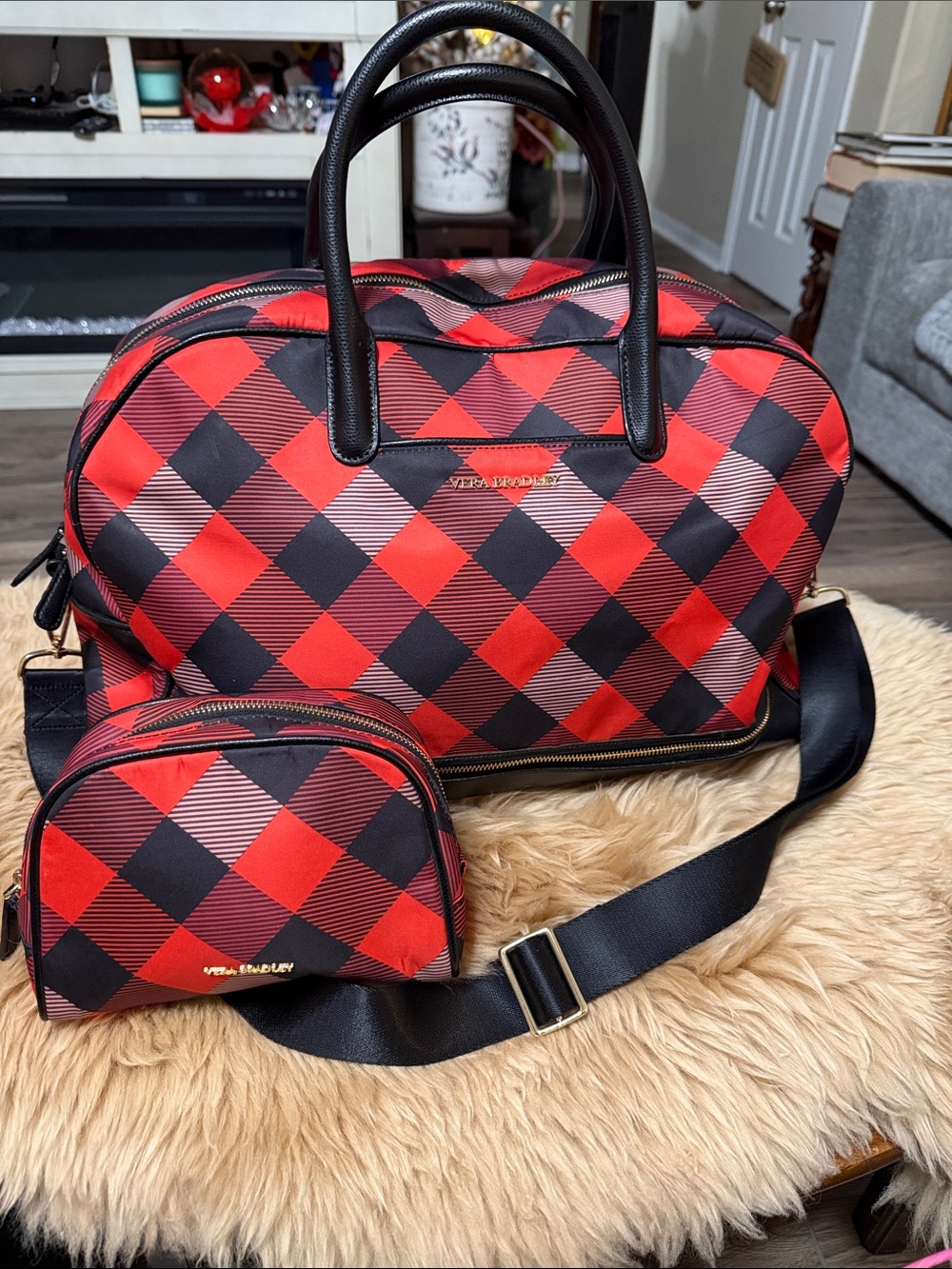 Vera Bradley Trimmed Travel Bag & Medium Zip Cosmetic Buffalo Check Burnt Orange